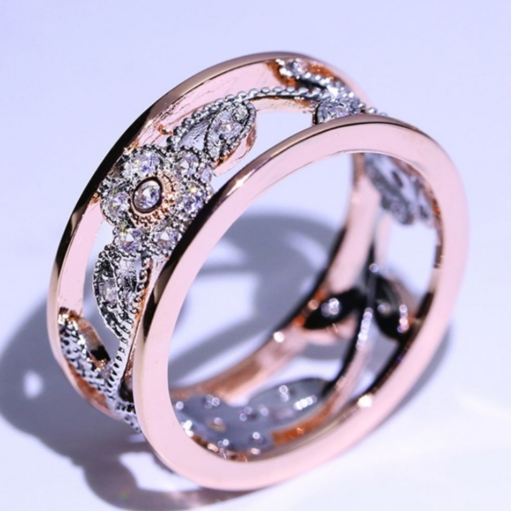 Rose Gold Flower Leaf Rhinestone Ring - Picture 4 of 4